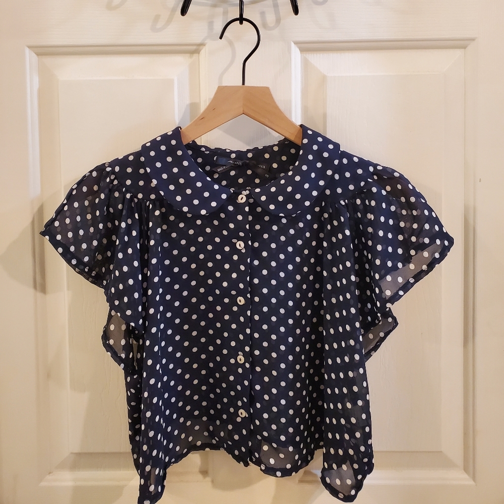 Navy polka dot crop top with flutter sleeves